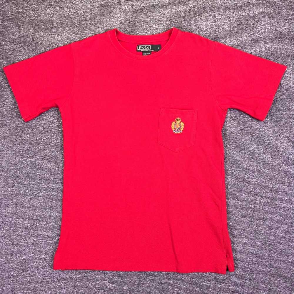 Polo Ralph Lauren T-Shirt Mens L Red Vintage USA Pocket Crest Crew Neck Pique